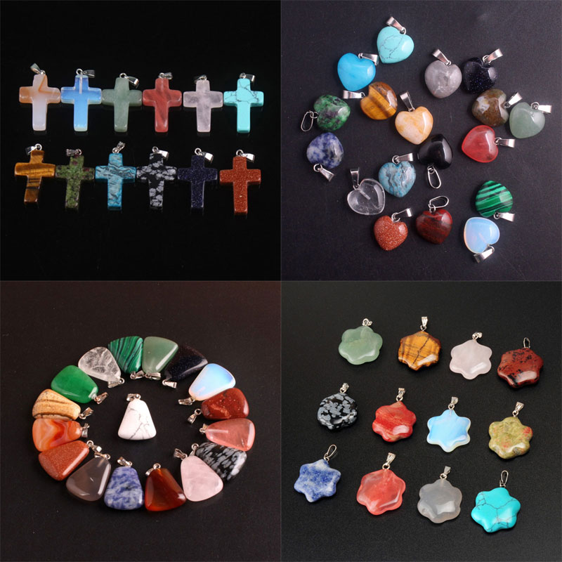 

New Silver Color Natural Stone Cross Heart Pendant Necklaces Statement Chokers Quartz Healing Crystal Jewelry With Chain