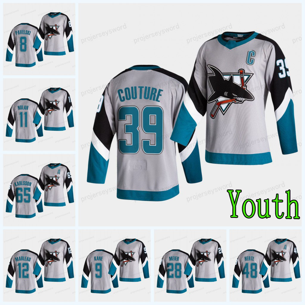 

Youth San Jose Sharks 2021 Reverse Retro Jersey Couture Martin Jones Patrick Marleau Brent Burns Logan Couture Tomas Hertl Erik Karlsson, Black;red
