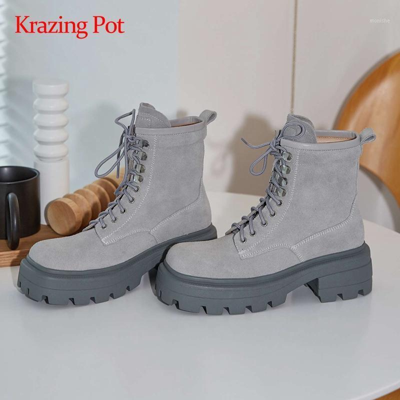 

Krazing pot motorcycle boots cow suede thick bottom platform round toe high heel lace handsome punk neutral cozy ankle boots L221, Black