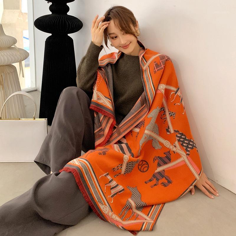 

2020 Wool Women Scarf Cashmere Stole Animal Horse Print Scarves Female Winter Warm Blanket Wraps1