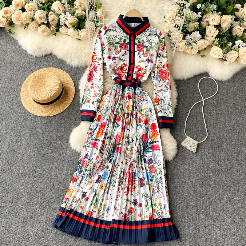

2021 New Singiny feminine court wind print maix dress collar button the line dressed boho plissado long dresses Y3RL, Yellow.
