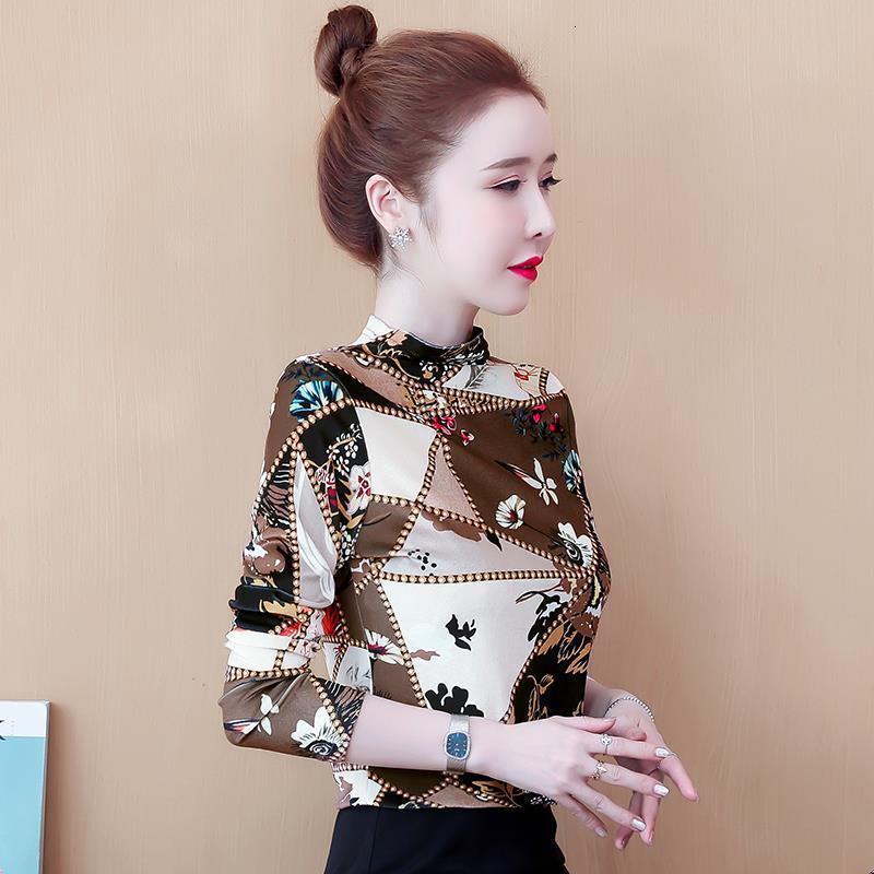 

2021 High quality Autumn High-neck Lower-neck Female Retro Sleeve Impression Foreign Fashion Shirt Thin Top YCLW, Brown