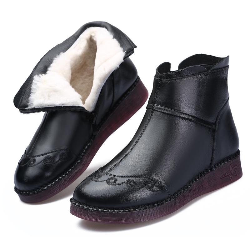 

2020 Newest Embroidered Cow Leather Winter Boots Women Shoes boots Comfortable Wool Women Warm Shoes Non-slip Soft Fashion, Black