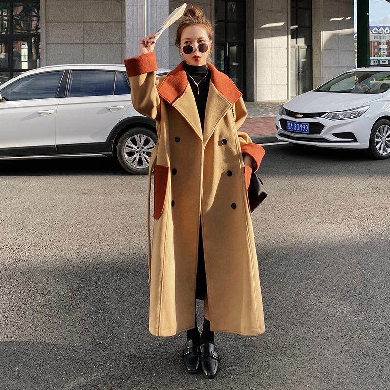 

2021 New Korean Women's Coat Long Loose Bulk Khakis Double Lapel Seam Breasted Winter New Artificial Wool Coat2a Kkot, Beige