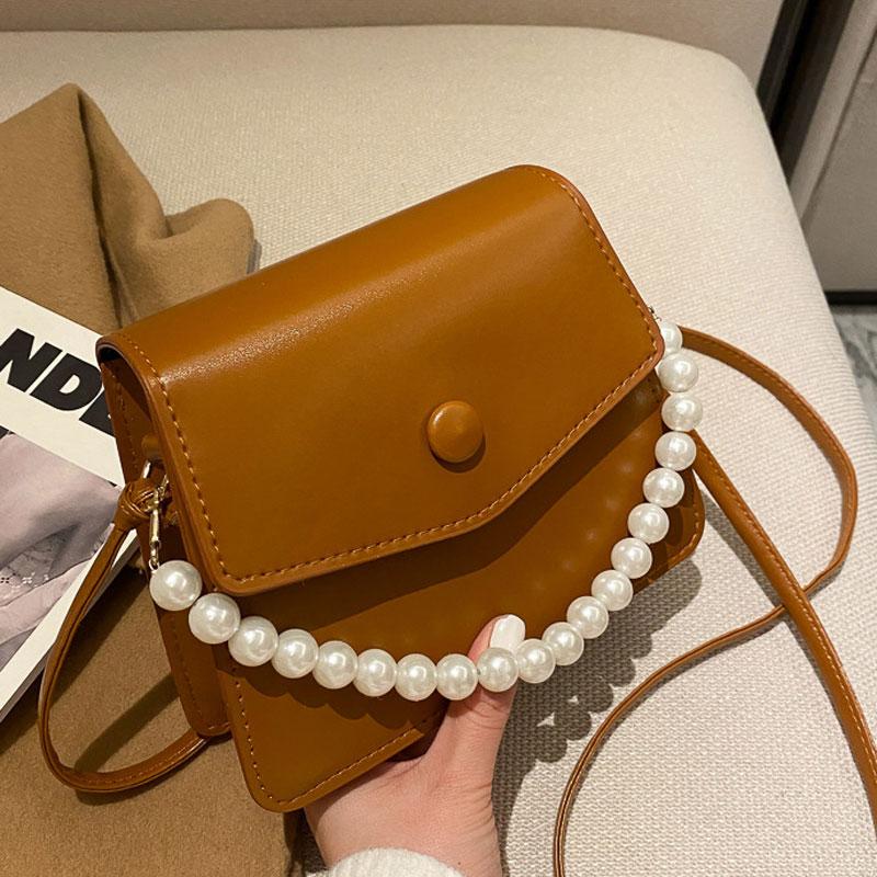 

Fashion Pearl Chain Handbag For Women Pu Leather Shoulder Bag Designer Simple Style Crossbody Bag Small Square Female Purse, Black