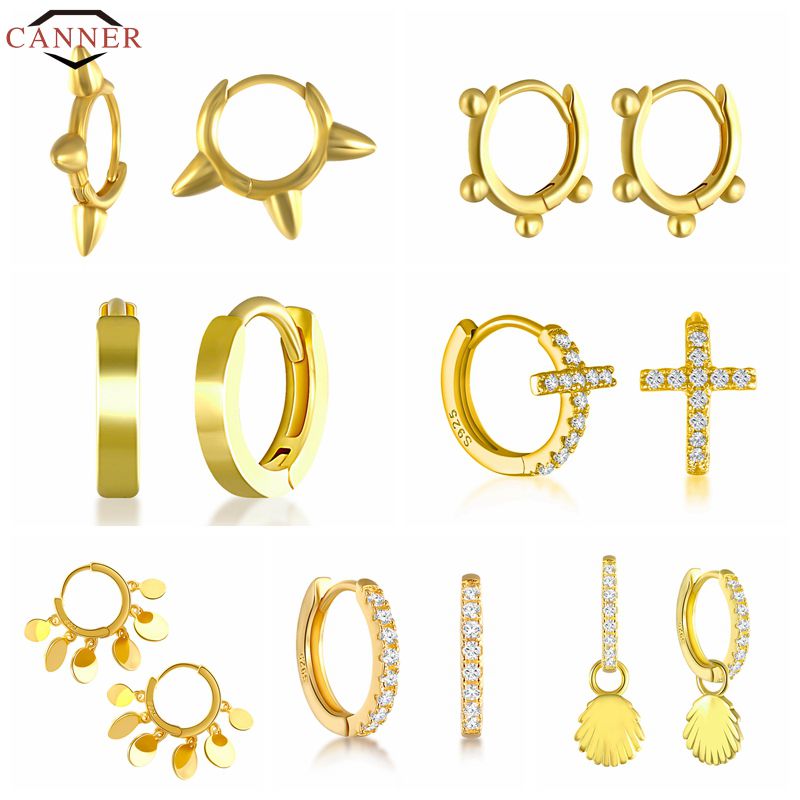 

Earrings 925 Sterling Silver Geometric Bead Rivet Piercing Earrings for Women Round Cross Small Hoop INS Ear Jewelry