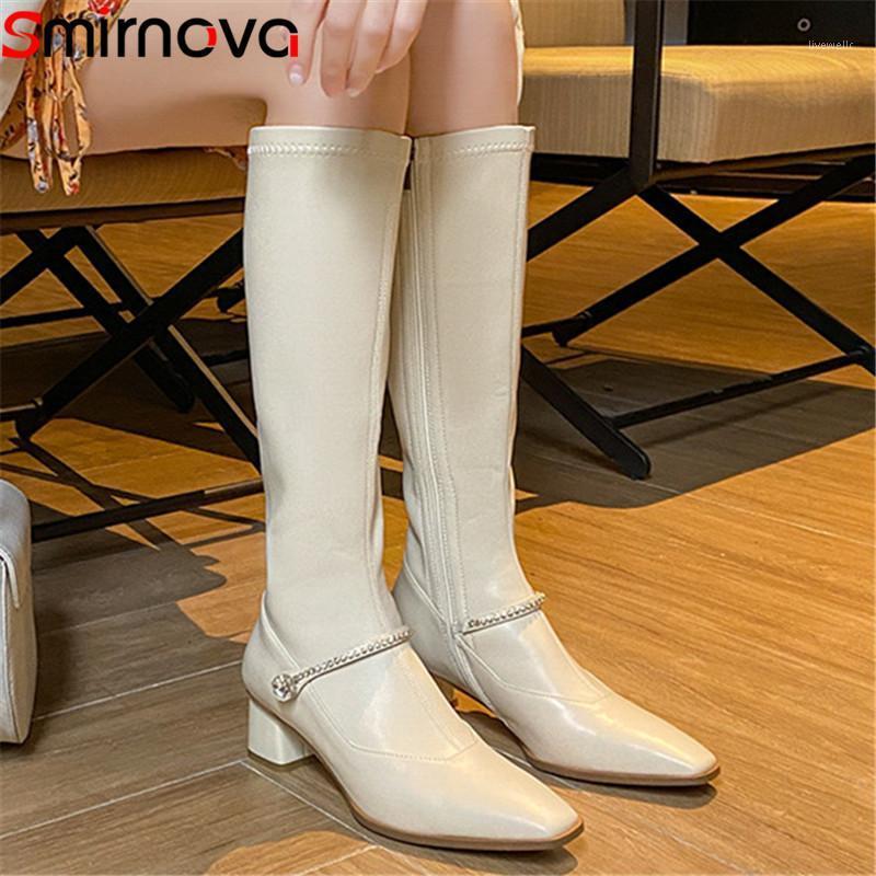 

Smirnova 2021 Newest High Heels Casual Party Shoes Women Boots Genuine Leather +Stretch Pu Crystal Zip Knee High Boots Women1, Black with fur