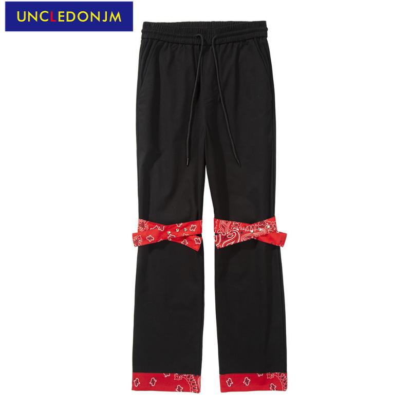 

Men's Pants UNCLEDONJM Cashew Flower Puttee Patchwork Techwear Men Harajuku Style Hip Hop Baggy Straight Trousers, Black