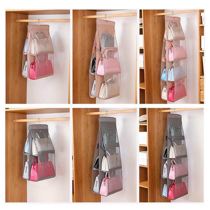 

4/6/8 Pockets Hanging Handbag Organizer for Wardrobe Closet Dust-proof Storage Bag Purse Big Handbag Tote Bag Clothes Organizer, 4 grid beige