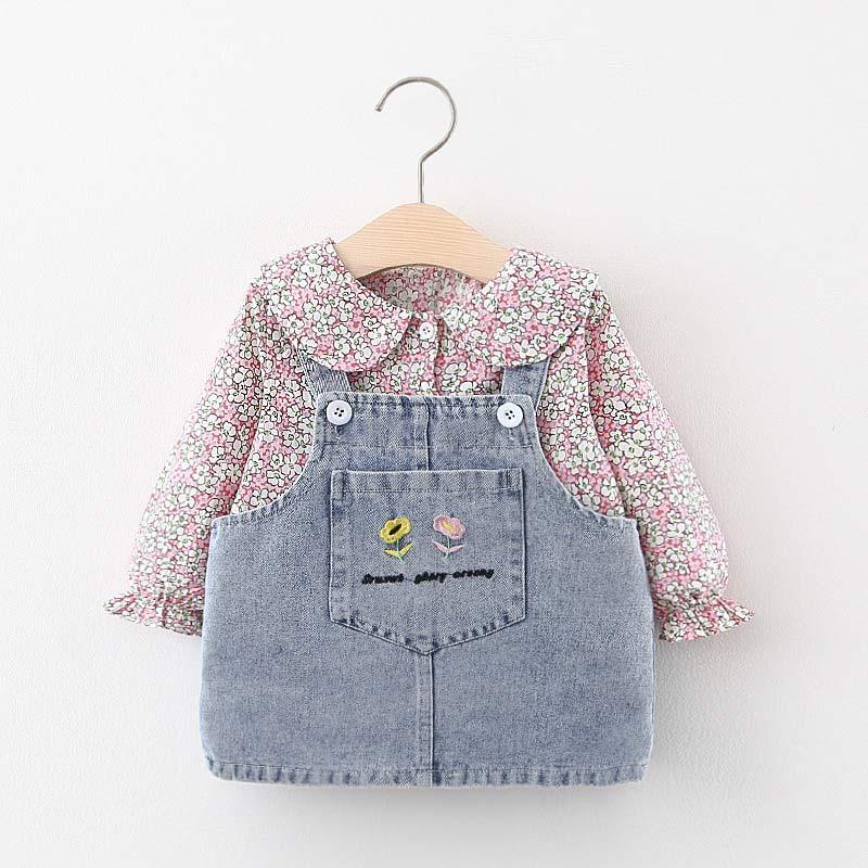

Menoea Newborn Girls Set Autumn 2020 Toddler Baby Floral Print Shirt Suspenders Jeans Dress Kids Girl Cute Princess Outfit 0-2Y1, Ah3039 pink
