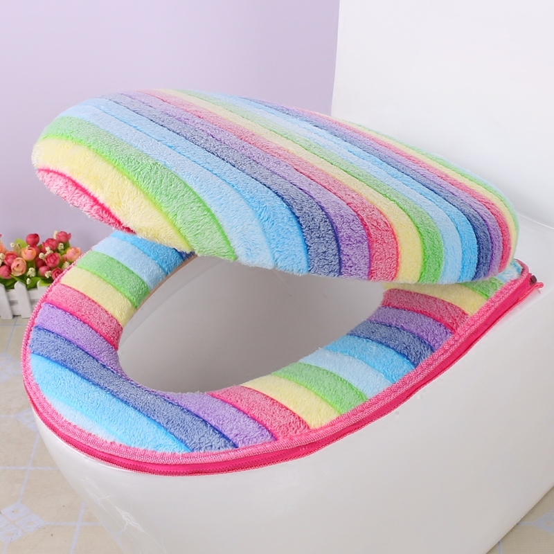 Colorful Rainbow Stripe Thermal Zippered Toilet Seat Cushion Bathroom