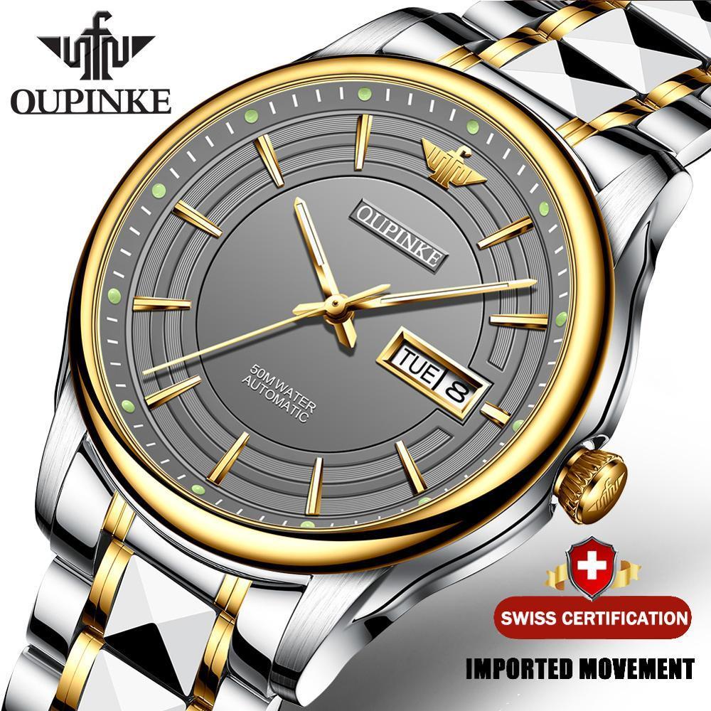 

OUPINKE Luxury Business Men Mechanical Watch Brand Men Watches Automatic Tungsten Steel Waterproof Wrist Watch relogio masculino LJ201120, Gold gray