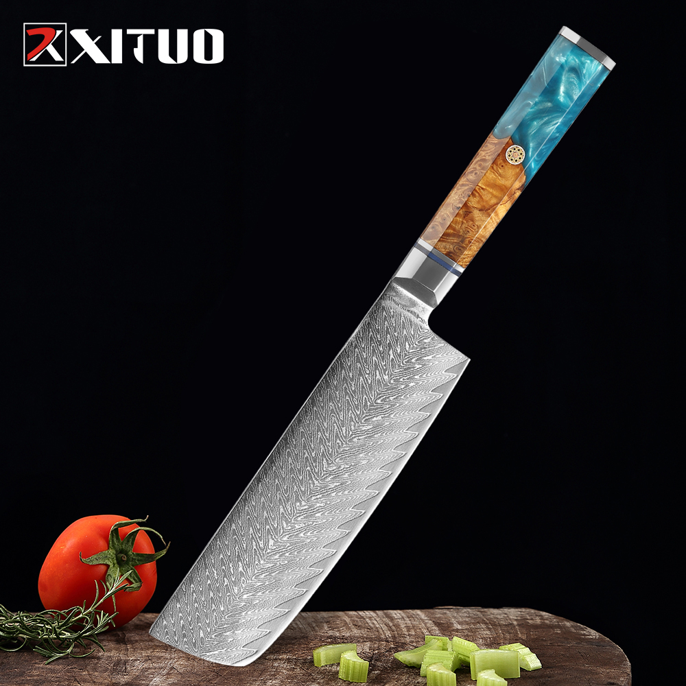 

XITUO 7 Inch Nakiri Knife Japanese Damascus Carbon Steel Kitchen Knife Family Vegetable Knife Slicing Cleaver Very Sharp Knives