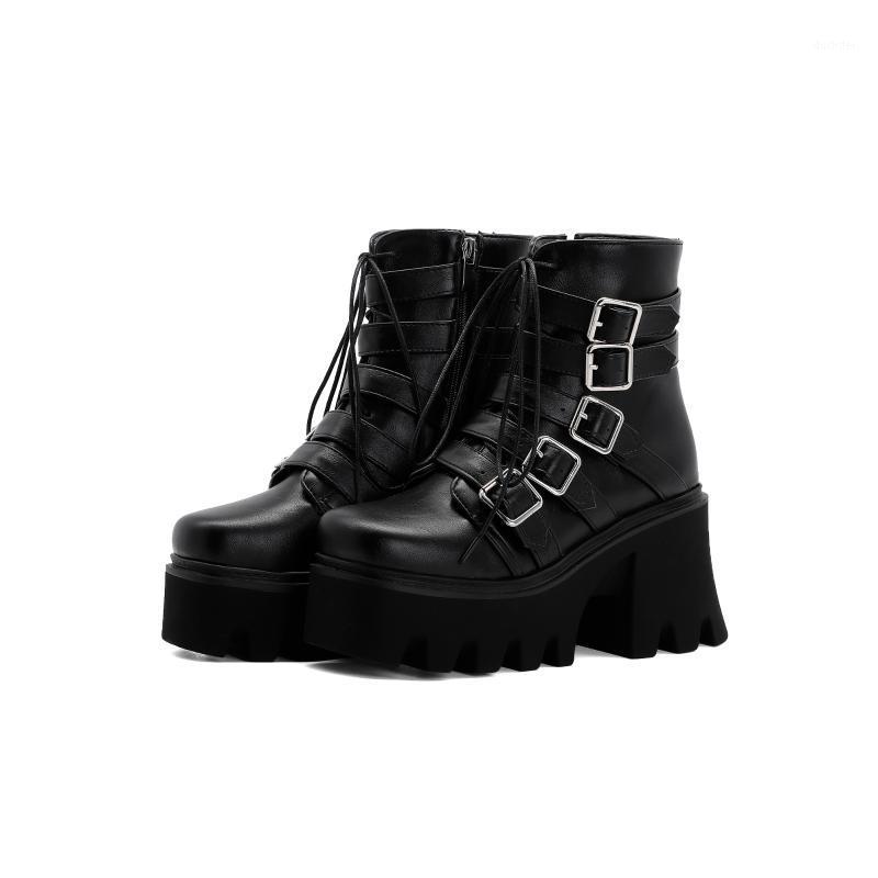 

European and American Explosion, Women Autumn Winter PU High-quality Leather Square Toe Buckle Fashion Waterproof Platform Boots1, Black