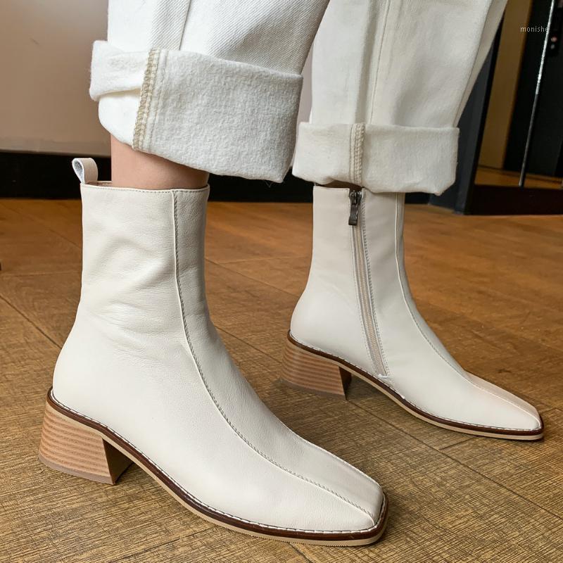 

Beige Brown Black Square Heel Ankle Boots Women Fashion Retro Genuine Leather Square Toe Short Boots Woman Winter New Shoes1