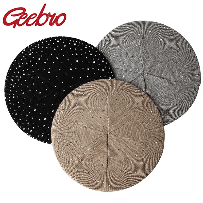 

Geebro Women Spring Autumn Cotton Beret Female Casual knitting Painters Hat With Rhinestone Elegant Ladies Vintage Berets, Black