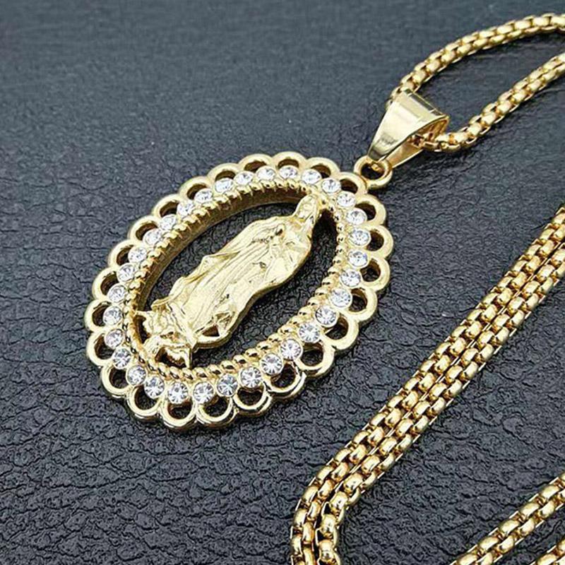 

Hip Hop Rhinestones Pave Bling Iced Out Stainless Steel Virgin Mary Pendants Necklace for Men Rapper Jewelry Drop Shipping