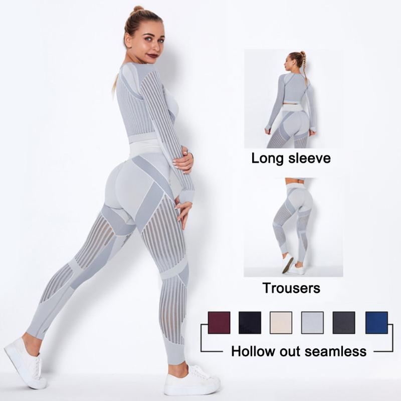 

2 Pieces Gym Set Workout Clothes for Women Hollow Out Seamless Yoga Set Sport Outfits Women Long Sleeve Workout Suit Leggings, Light gray set