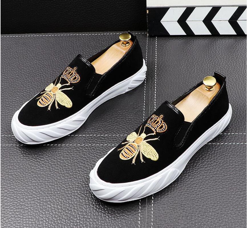 

luxury canvas Leather Wedding and Party Shoes Spring Autumn Fashion Men embroidery Dress Flat Smoking Slipper Casual Loafers, Black