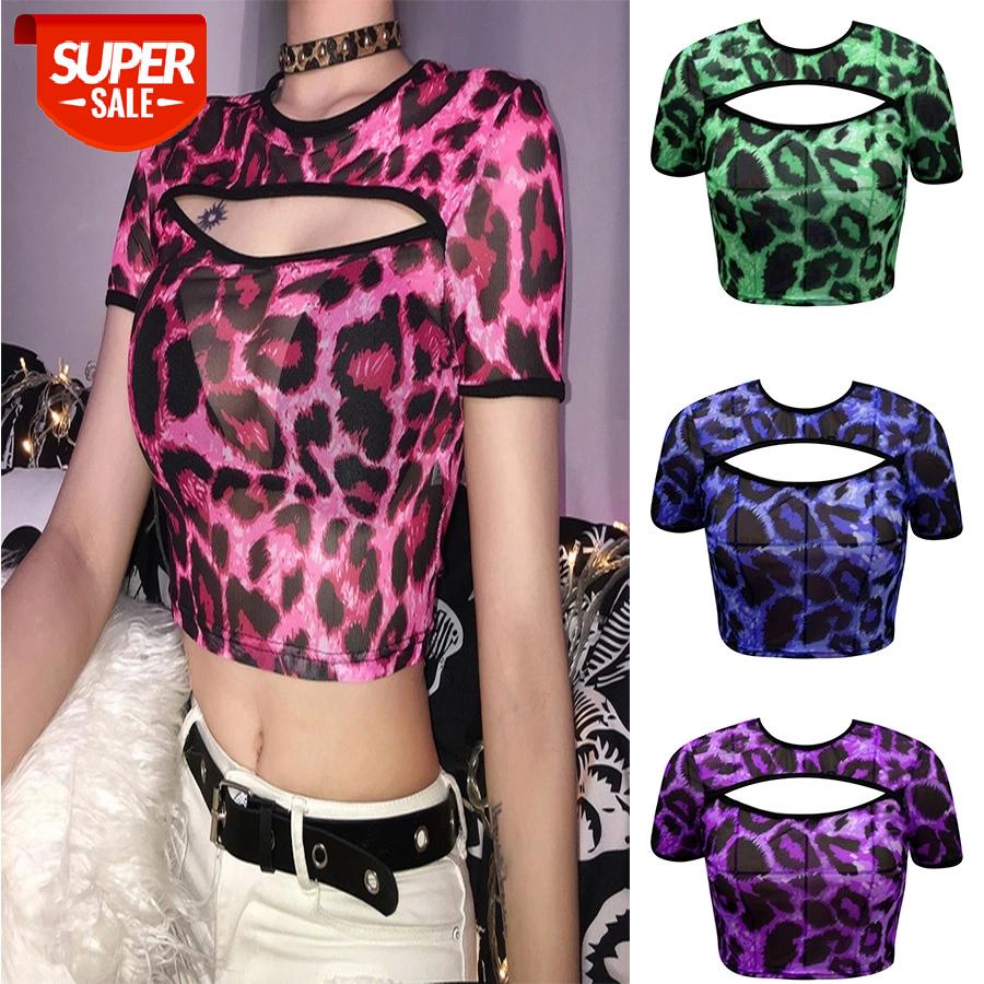 

Leopard Print Shirt Sexy Dew Chest Women Fashion Summer Perspective Multicolor Short Sleeve Shirts Casual O-neck Crop Top Tees #SQ5b, White