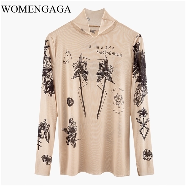 

High Tight Collar Nude Color Mesh Yarn SEXY T-shirt Women Basal Top Goddess Tatoo Print 2020 Summer Autumn Tops Vintage B666 A1112, Character