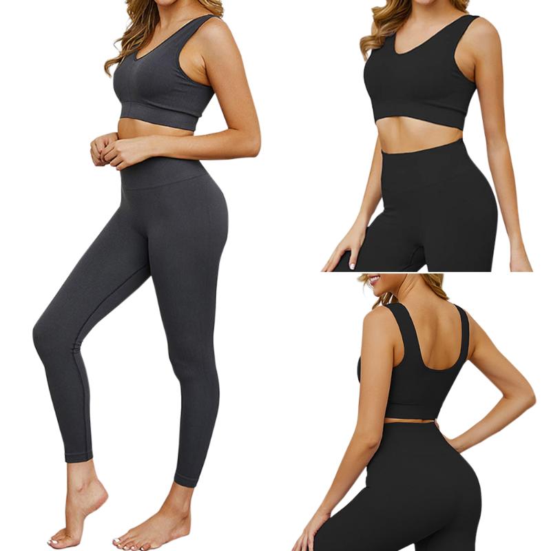 

Seamless Yoga Set Women Fitness Gym High Waist Leggings Workout Sport Suits, Black