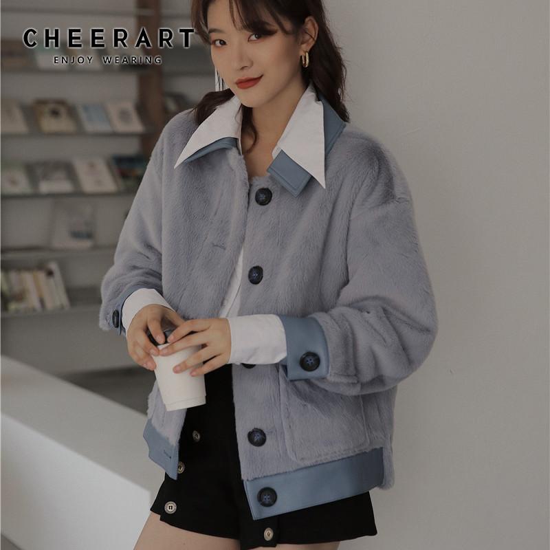 

CHEERART Grey Faux Coat Women 2020 Winter Fashion Fur Fluffy Jacket Patchwork Blue Korean Coat Designer Clothes, As pic
