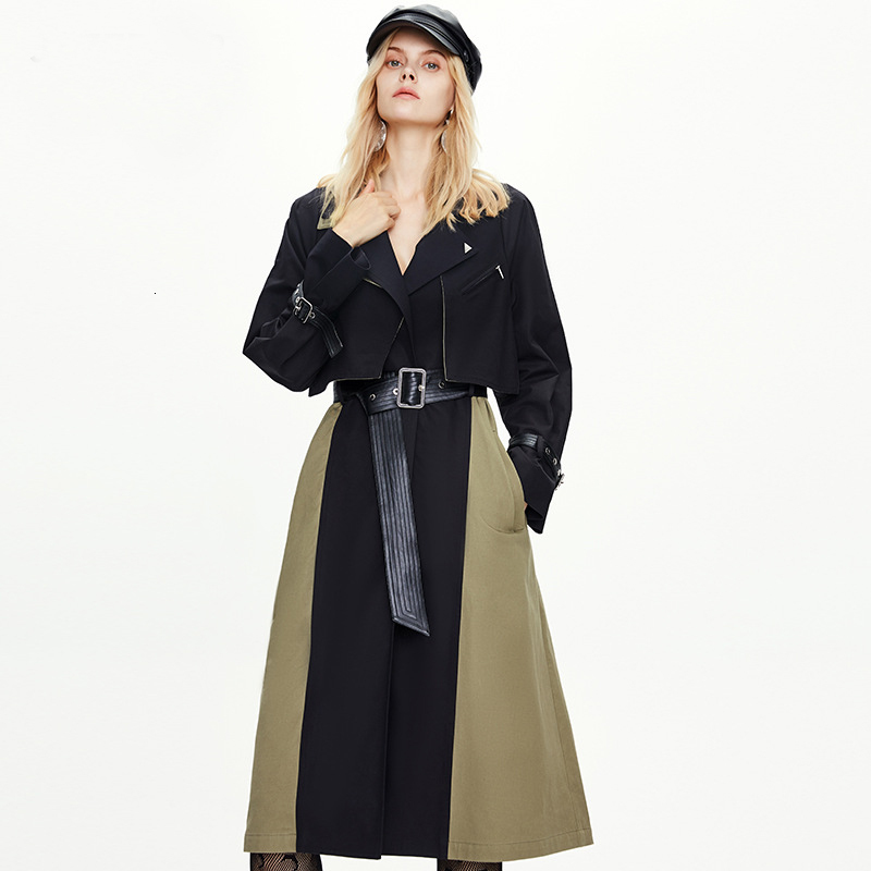 

2021 New Fashion Coat Slim Waist Design Color Patchwork Women Long Trench Femme Casaco Abrigo Streetwear 5jb7, Army green
