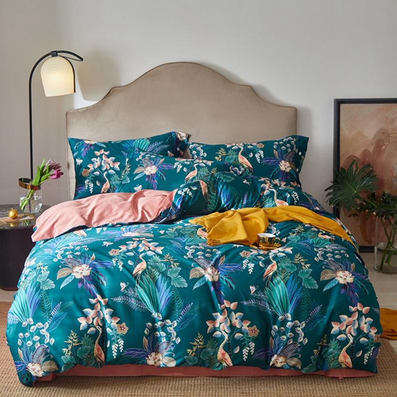 

Blue Foral fower print Bedding set 100%Egyptian cotton bedclothes pasotral satin quality duvet cover queen king size hometexitle, As pic