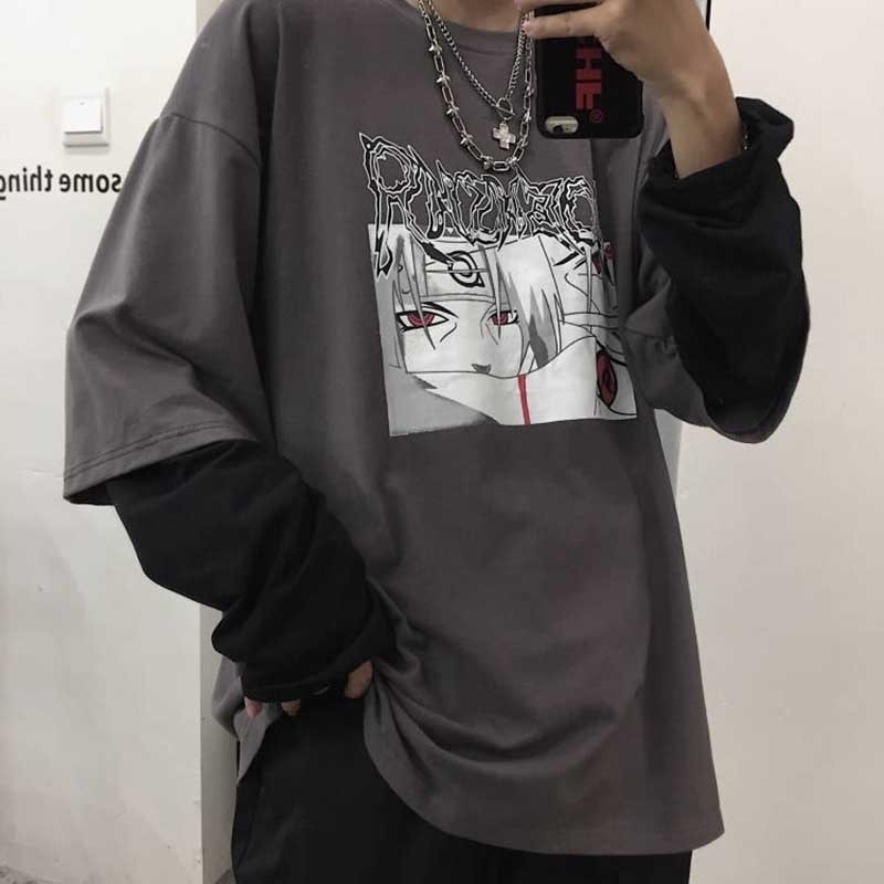 

NiceMix Cotton Naruto Tshirt Streetwear Amine Print T-shirt Men Women Autumn Long Sleeve Loose T Shirt Cartoon Japan T shirts 201028, Black