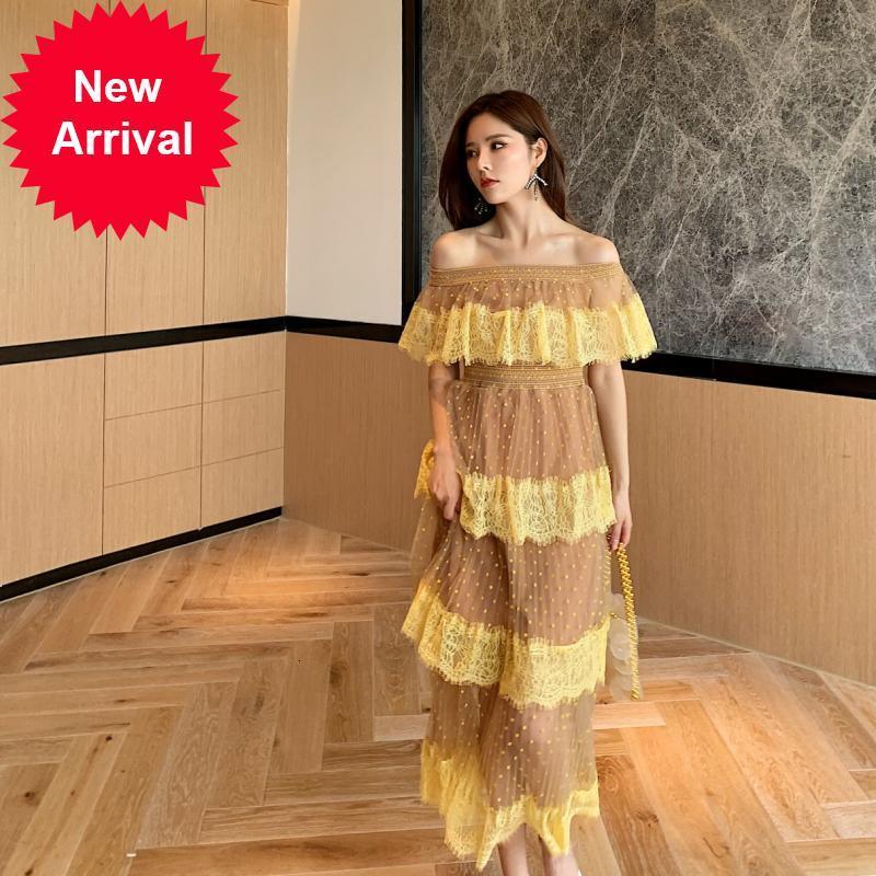 

New Runway 2021 Fashion Sexy Summer Dress Long Women's Strapless Luxury Mark Off the Yellow Shoulder Frilly Lace Dressed in -ball 2NLF, Short