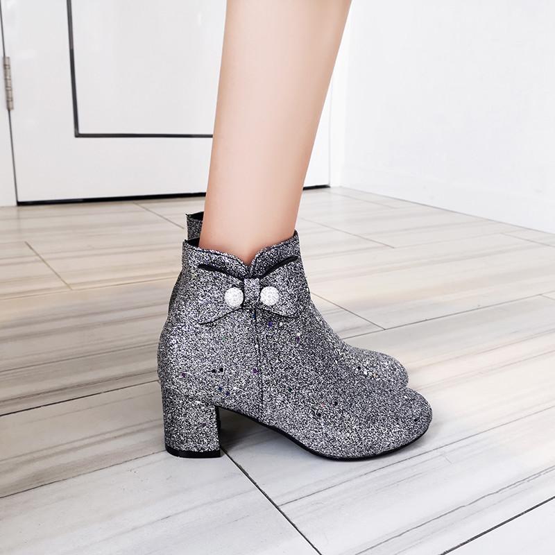 

YMECHIC Retro Bling Glitter Square High Heel Women Boots Blue Silver Bowtie Crystal Ball Fashion Ankle Boot Party Shoes Winter
