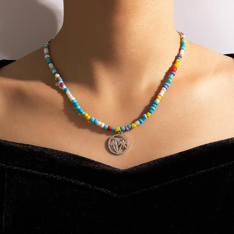 

Pendant Necklaces Bohemian Colorful Beaded Choker INS Fashion Coconut Tree Adjustable Single Necklace For Women Party Jewelry Collar