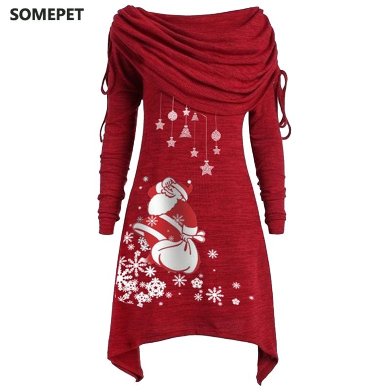 

2021New Arrival Long Sleeve Santa Claus Dress Women Snowflake Print Irregular Dress Top Female Fashion Christmas, Black