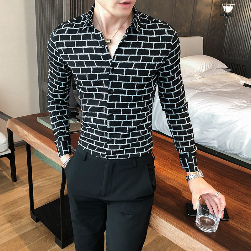 

New 2021 Male Fall Thin Plaid Printing Long Shirt Fashion Masculine Youth Wear 98WK, Beige