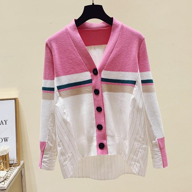 

2020 Women Elegant Chic Striped Shirt Stitching Knitted Single-Breasted Long Sleeve Korean Fashion Cardigan Female, Photo color