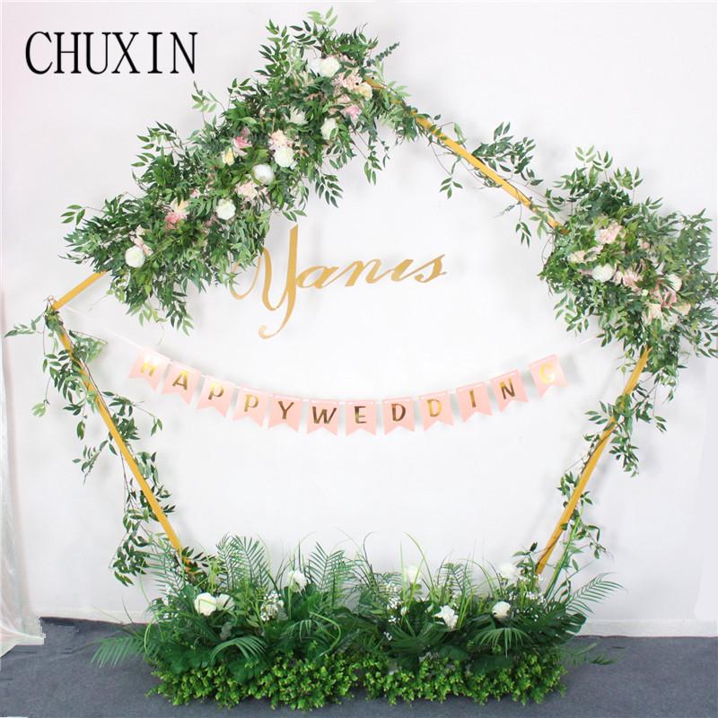

wedding arch artificial flower decoration green grass flower row handmade green leaves and pink with background wall decor, 7pcs hanging ball