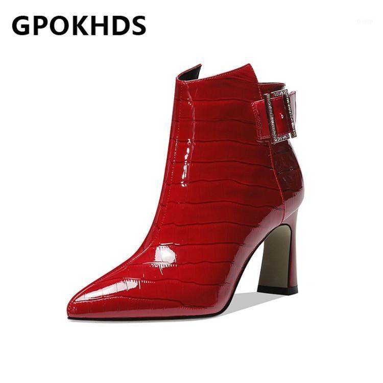 

GPOKHDS 2021 women Ankle boots Cow leather Winter short plush Pointed Toe Crystal Buckle Strap High heels female boots size 391, Black