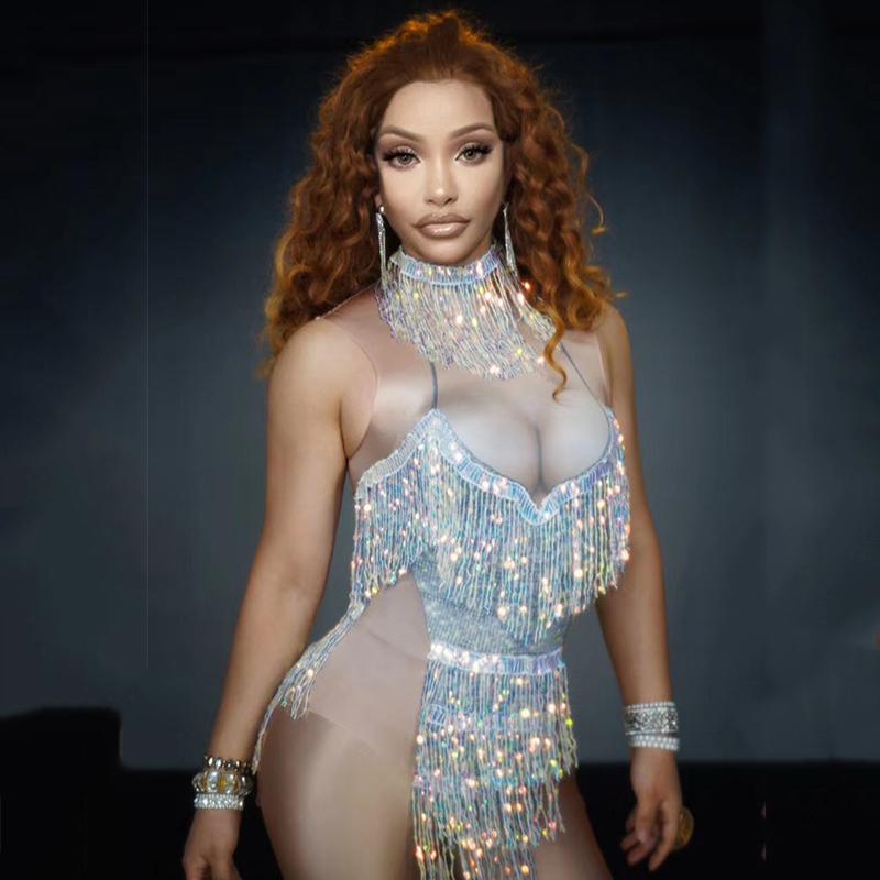 

Flashing Sequins Fringes Bodysuit Women Singer Dance Stage Outfit Sexy Leotard Tassel Show Costume Celebrate Rave Clothes DJ1551, As picture