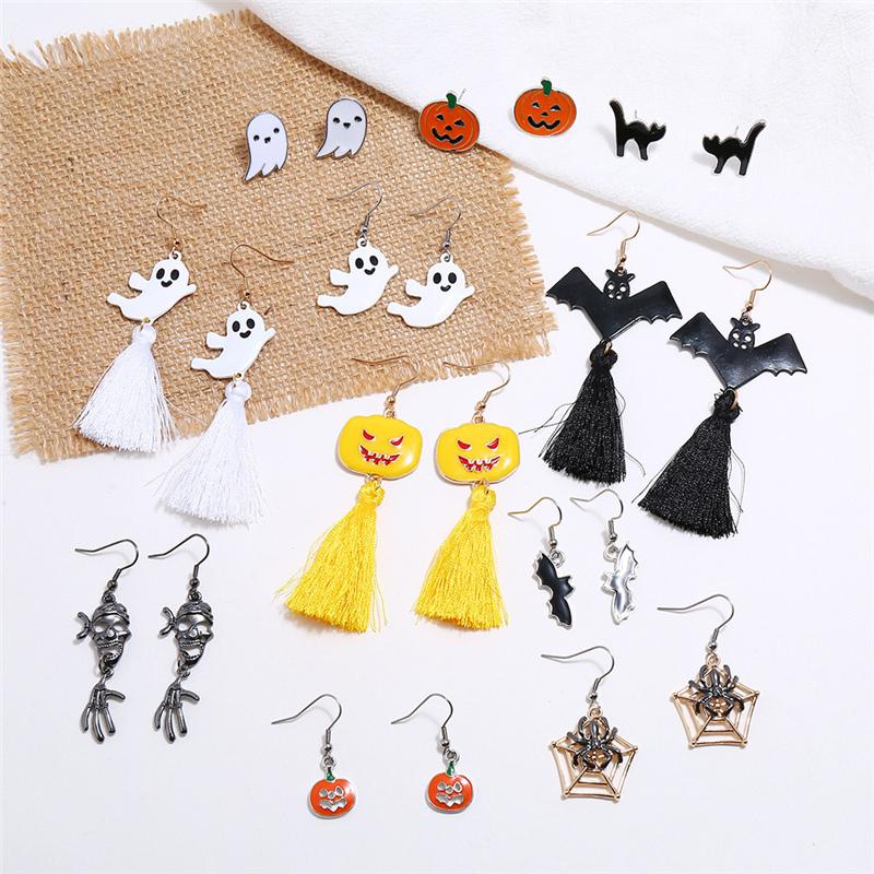 

Stud 1 Pair Halloween Ear Post Earrings Orange Black Pumpkin Bat Cobweb Spider Ghost Skull Women Jewelry For Holiday Party