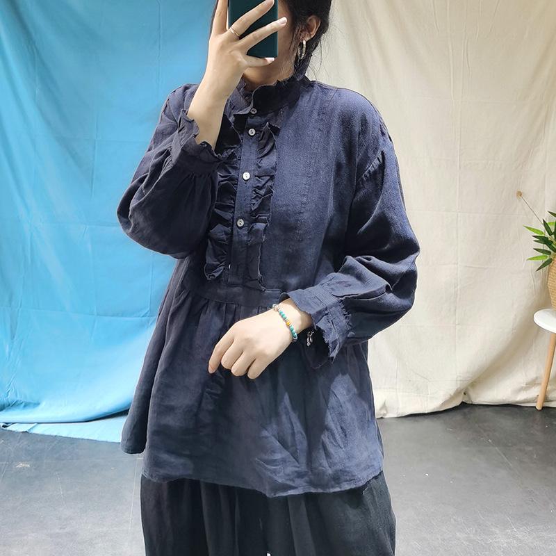 

Women Autumn Solid Color Linen Blouses Tops Female Vintage Flax Shirt Ladies Linen Blouse 2020, Beige