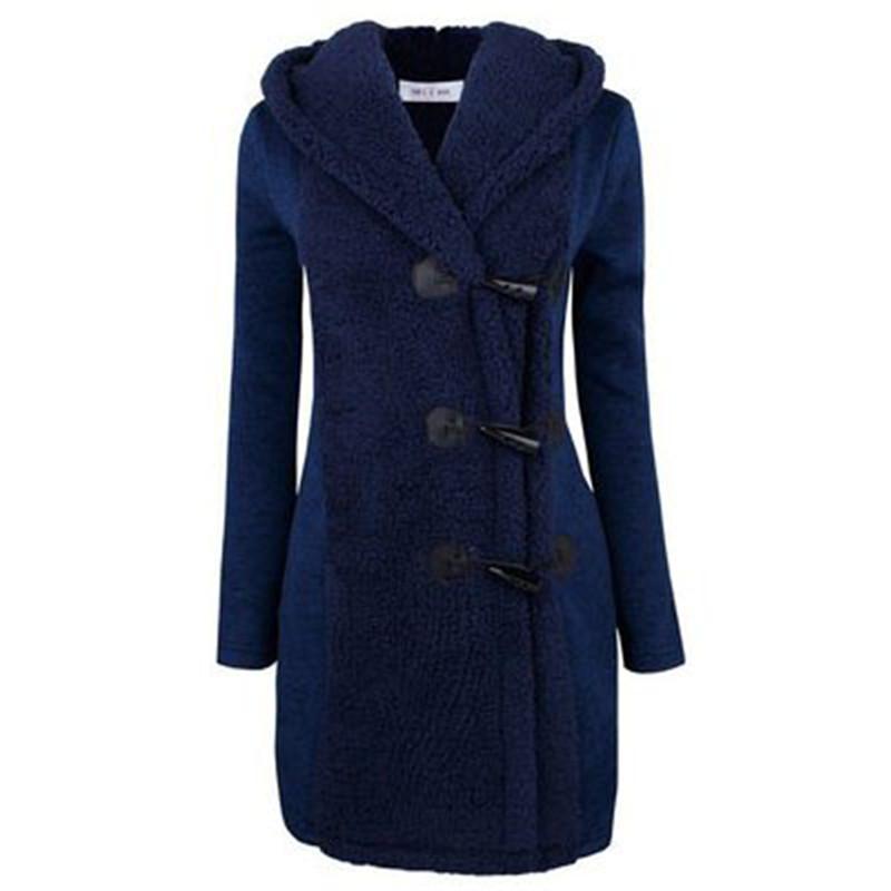 

2020 Europe America autumn and winter fashion new slim thickening large size horn buckle hooded woolen coat women' jacket G20, Blue