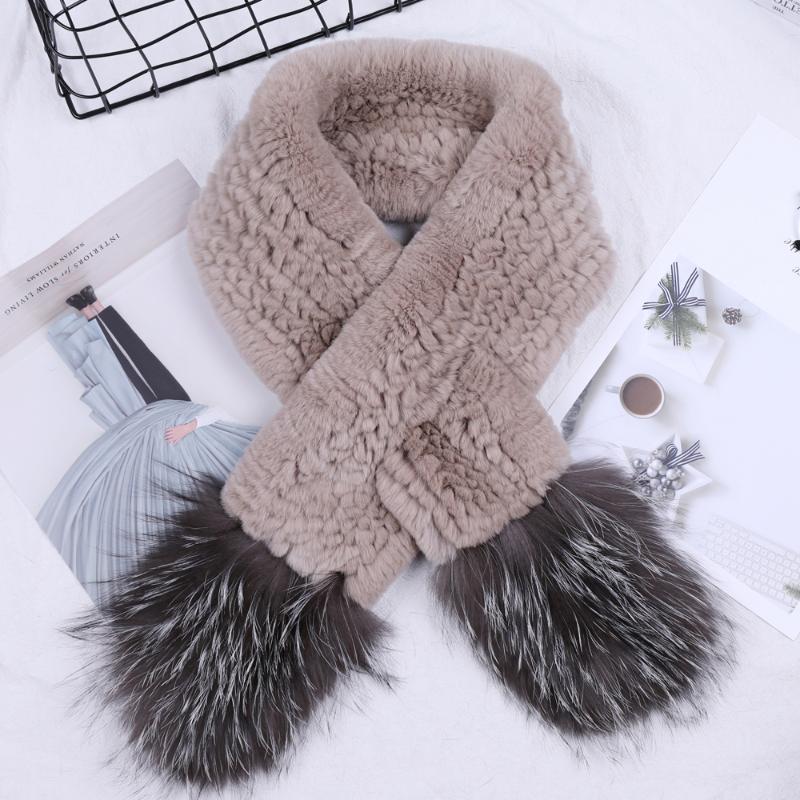 

SUPPEV&STTDIO 2020 New Luxury Women's Winter Fur Scarf Genuine Rex Fur Scarves Wraps Knitted Silver Scarfs