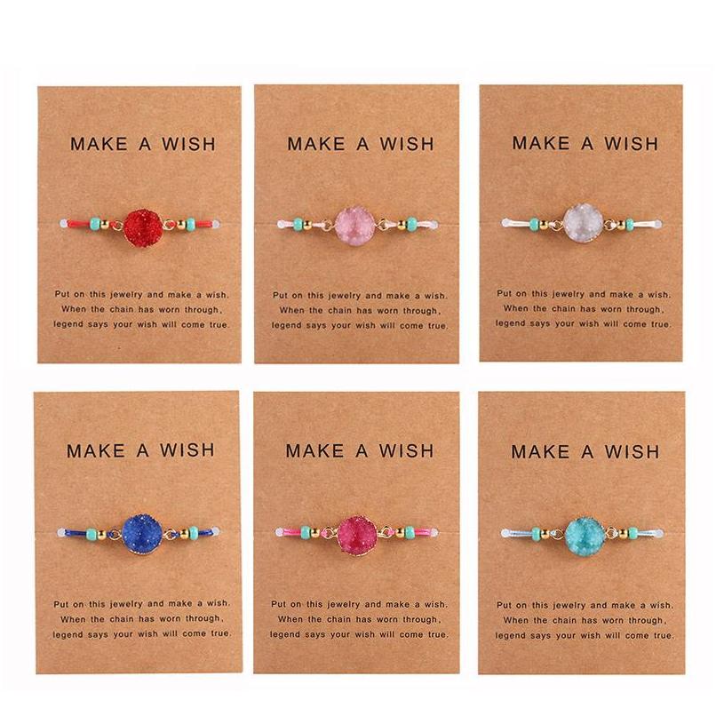 

Handmade Druzy Resin Stone Bracelet Make A Wish Card Wax Rope Braided Bracelets Bangles With Rice Bead For Women Girls Summer Beach Lkqvn