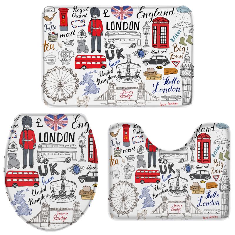 

Cartoon London Cultural Graffiti Bathroom Set Toilet Cover Mat Pedestal Rug Non-Slip Bathroom Accessories Set Home Doormat