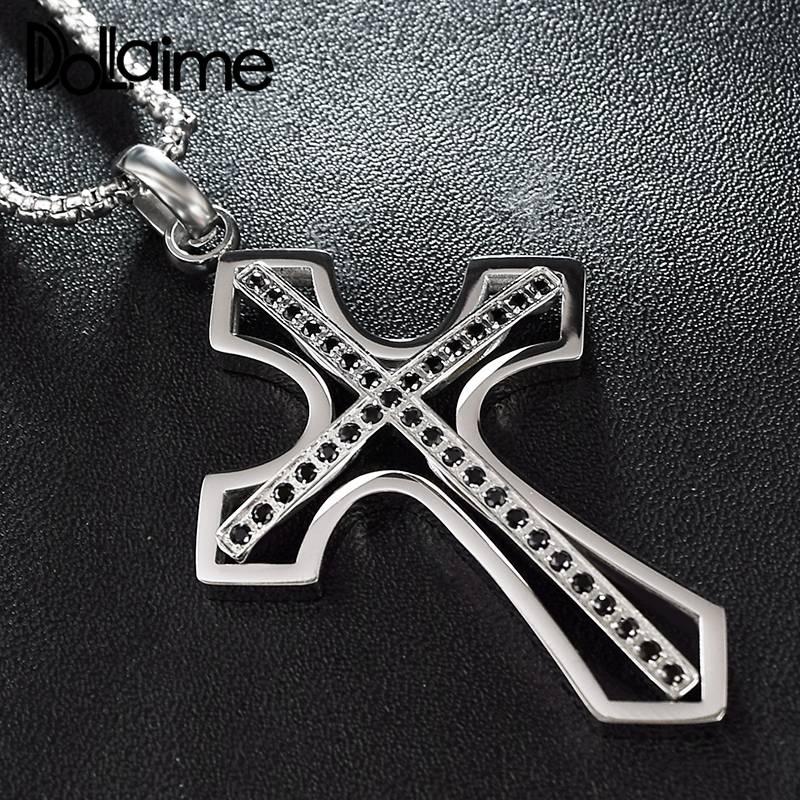 

Dolaime Wedding New Arrival Trendy Unisex Stainless Steel Silver Color Hollow black dots Cross pendant necklace P950