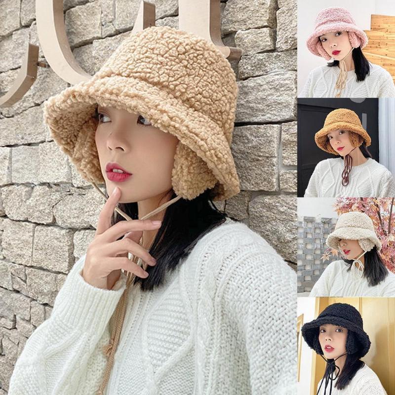 

winter hats women thick bucket hats with earmuffs solid color hat lamb hair warm bucket O2O0