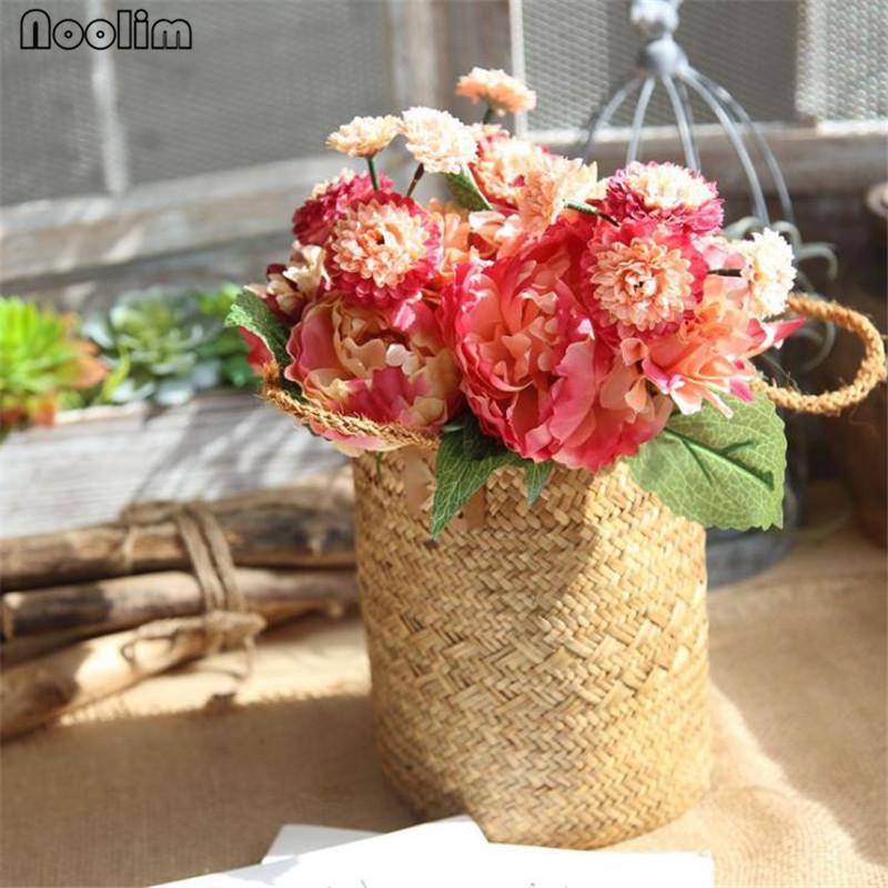 

Artificial Peony Flowers Bouquet Autumn Vivid False Leaf Wedding Bridal Tiara Bouquet Home Party Christmas Decor Silk Flower, White