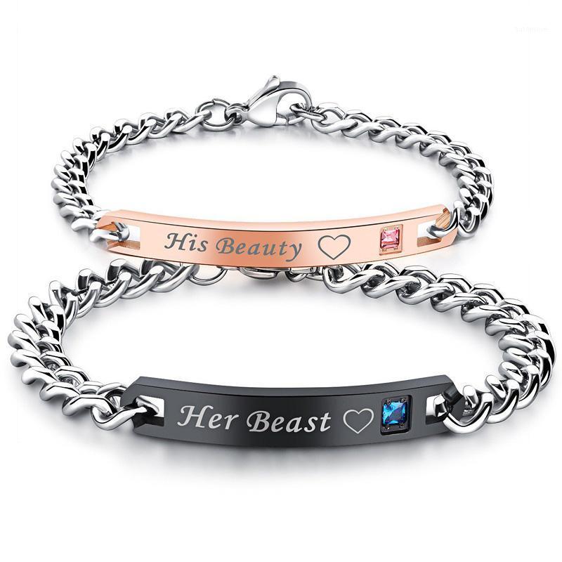 

His Beauty Her Beast Couple Bracelet Stainless Steel Crytal Heart Charm Bracelets For Women Men Lovers' Jewellery Drop Shipping1