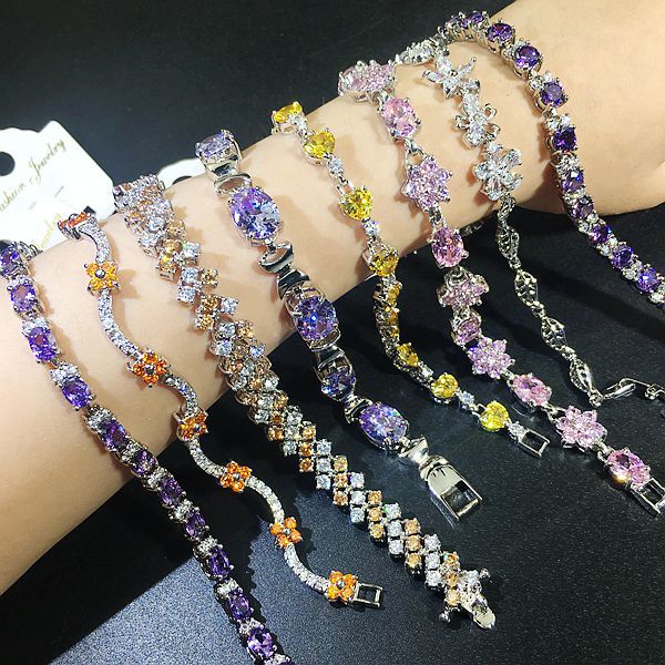 

Colorful Zircon Tennis Bracelet For Women Gemstone Diamond Crystal Bangles Wedding Jewelry Party Accessories Gifts Mixed Style